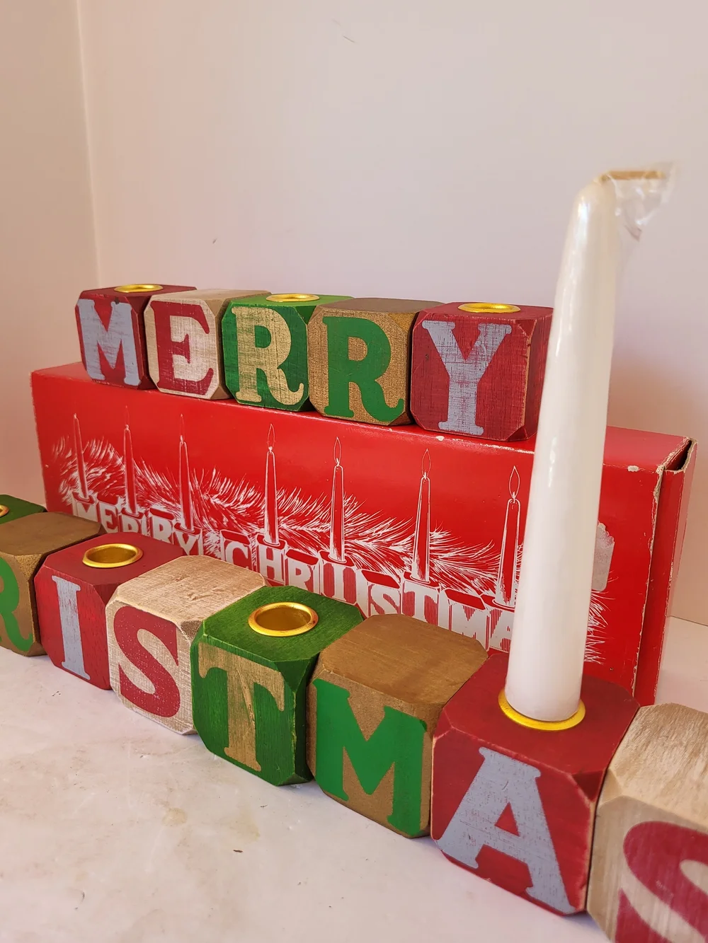 Vintage Merry Christmas Wood Block Candle Holder Set Colonial Candle